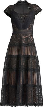 Tadashi Shoji Pintuck Pleat Embroidery Detail Cocktail Midi Dress