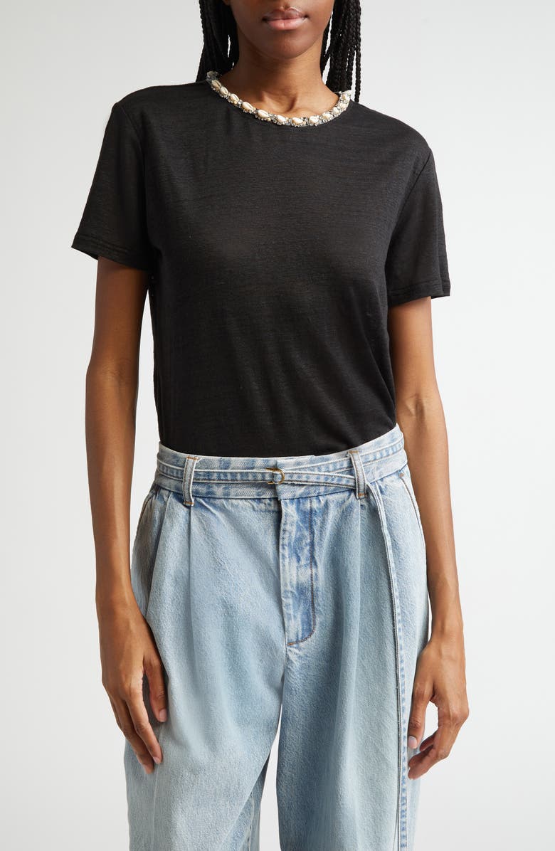 Zimmermann Crystal & Shell Embellished Linen T-Shirt, Main, color, Black