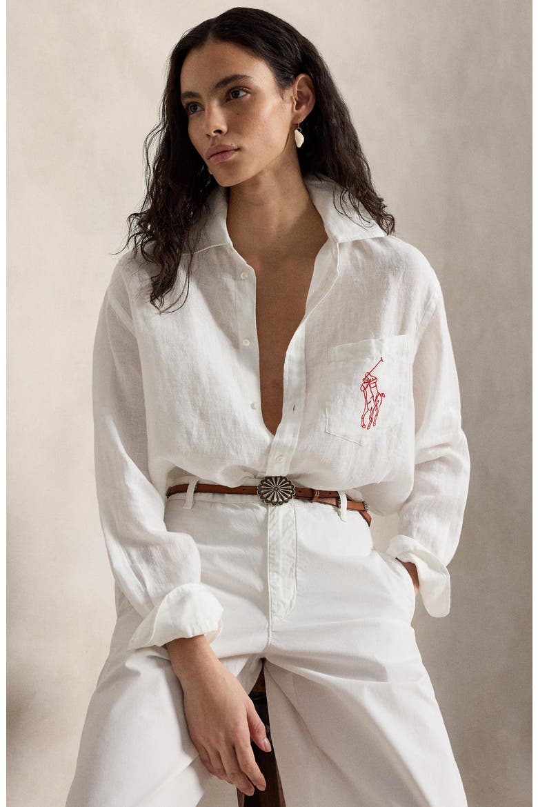 Embroidered Big Pony Oversize Linen Button-Up Shirt, Alternate, color, CLASSIC OXFORD WHITE