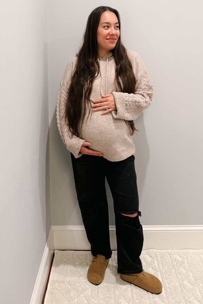 Distressed Open Knee Cropped Maternity Barrel Jeans, Alternate, color, Black
