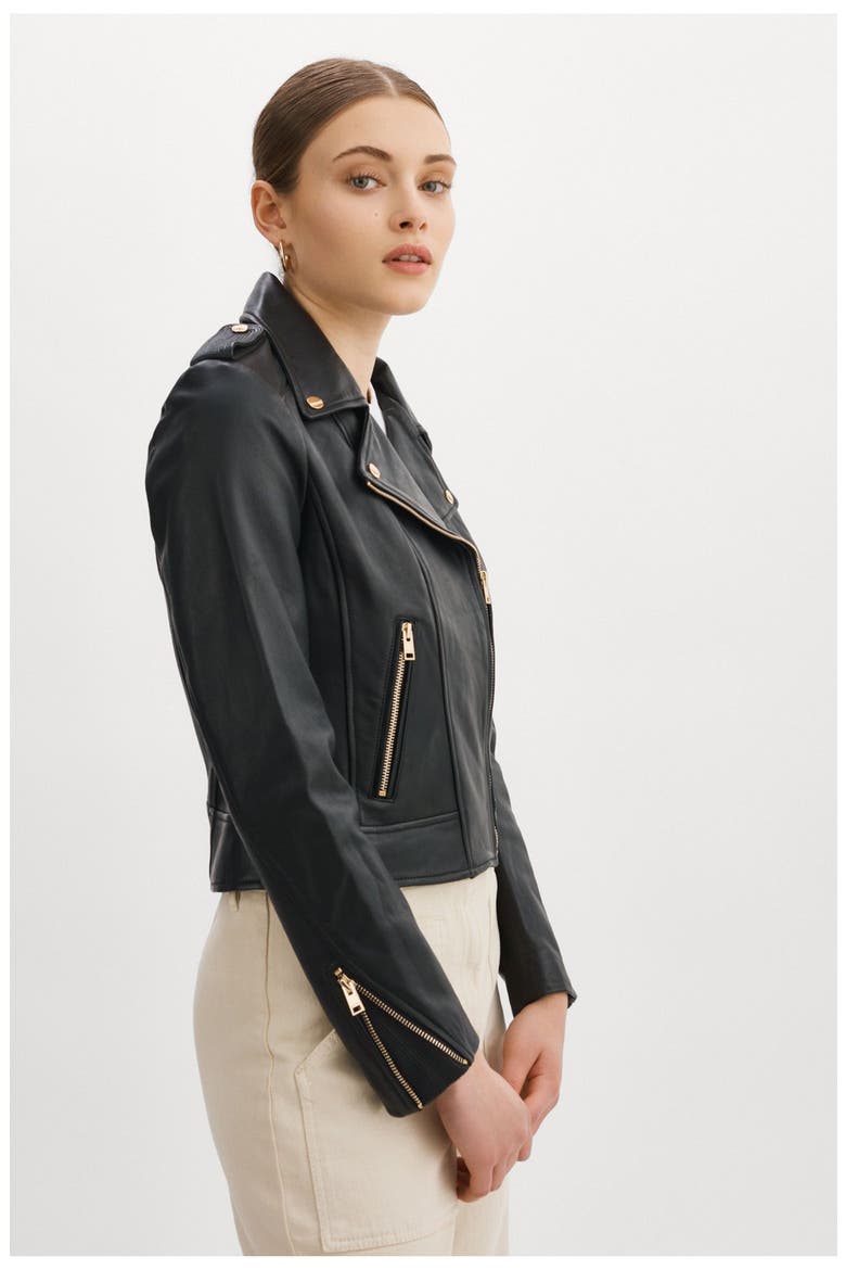 DONNA GOLD | Iconic Leather Biker Jacket, Alternate, color, Black