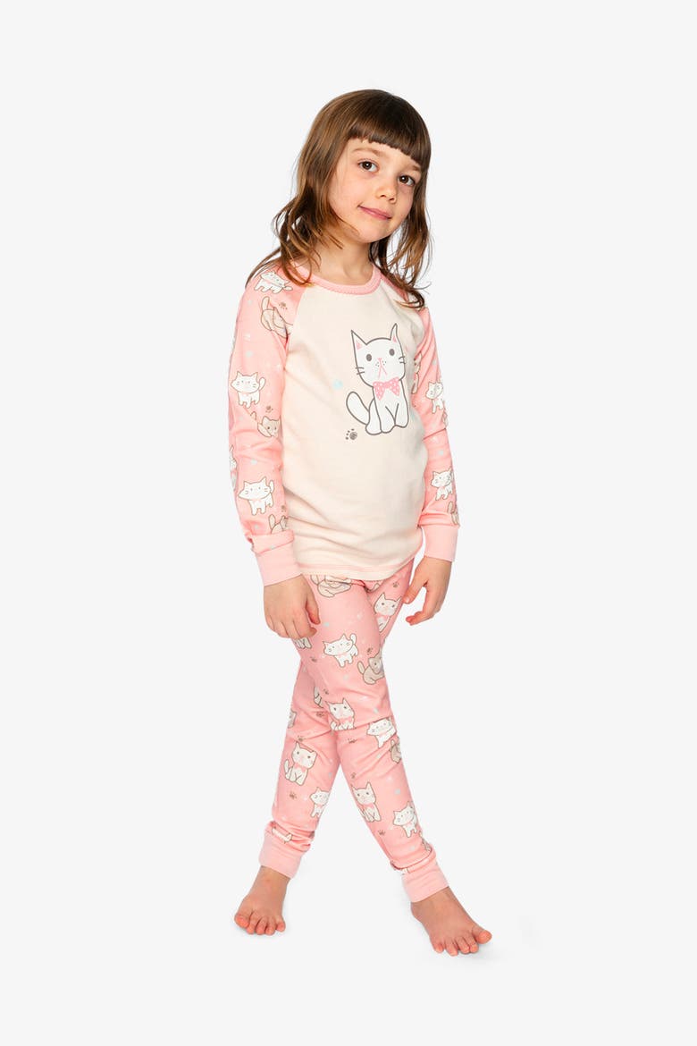 Cat Organic Cotton Top Pants Two Piece Pajama Set, Alternate, color, Pink Cat Print