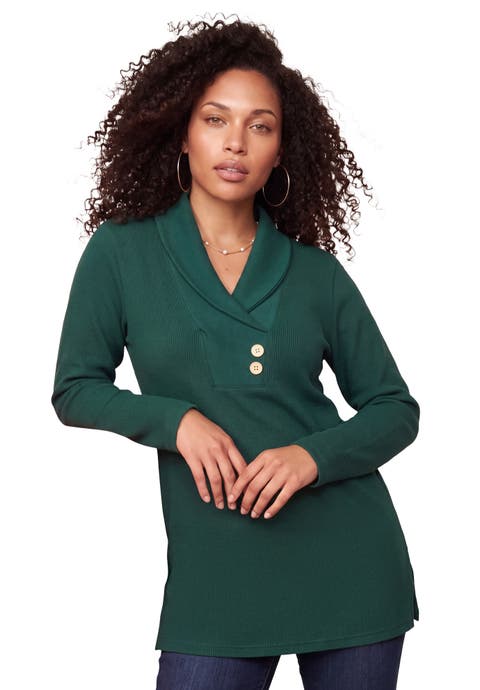Plus Size Knit Thermal Shawl Collar Top Long Sleeve