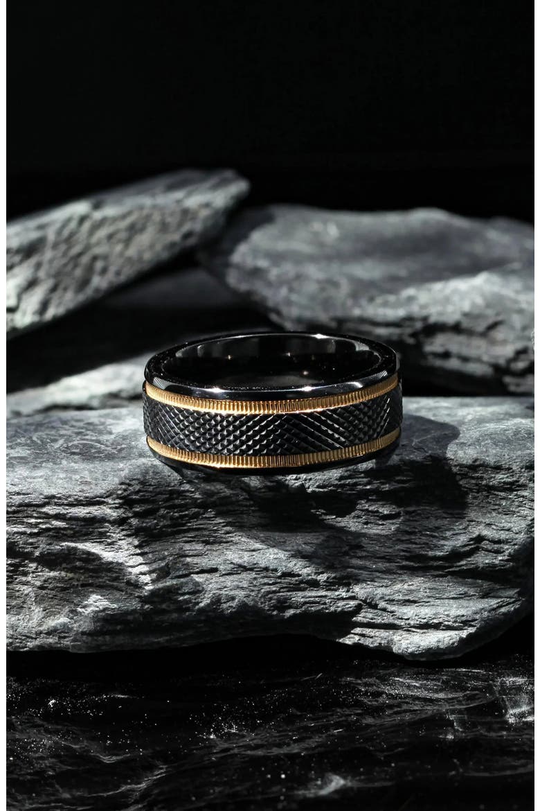 Baroque Titanium Diamond Pattern Wedding Ring, Alternate, color, Black / Gold