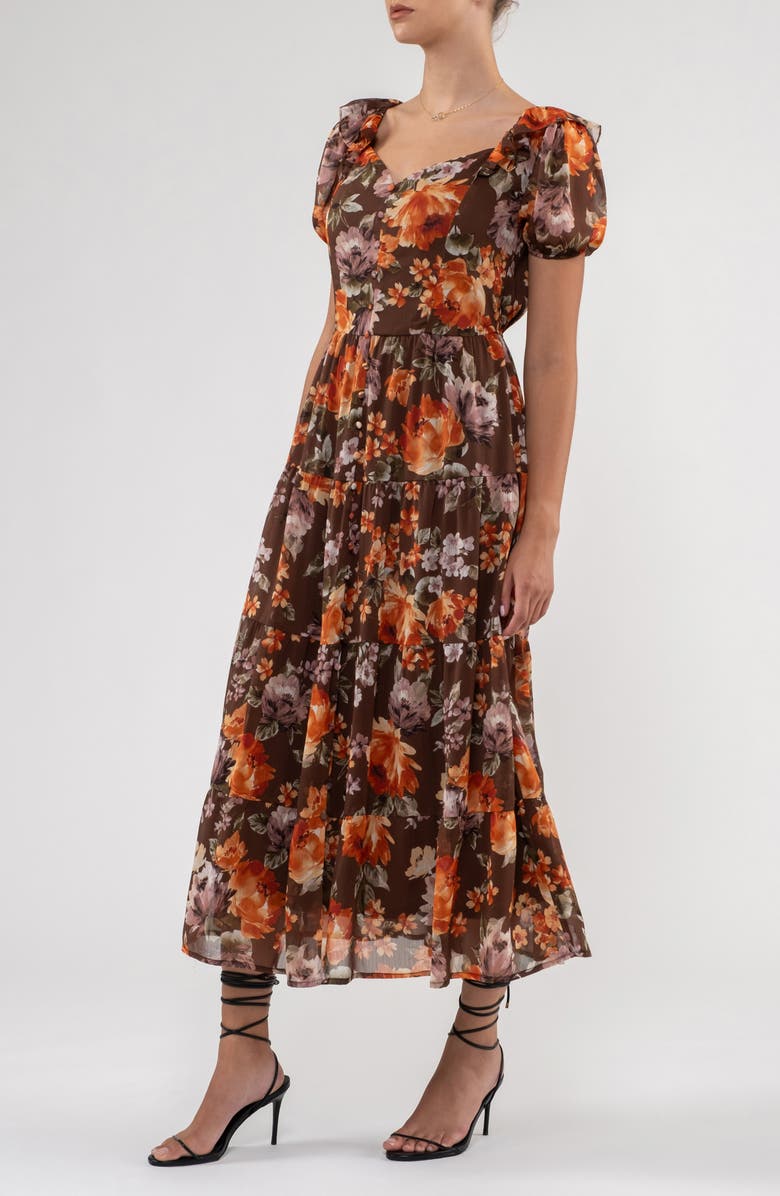AUGUST SKY Floral Ruffle Trim Maxi Dress, Alternate, color, Mocha Multi