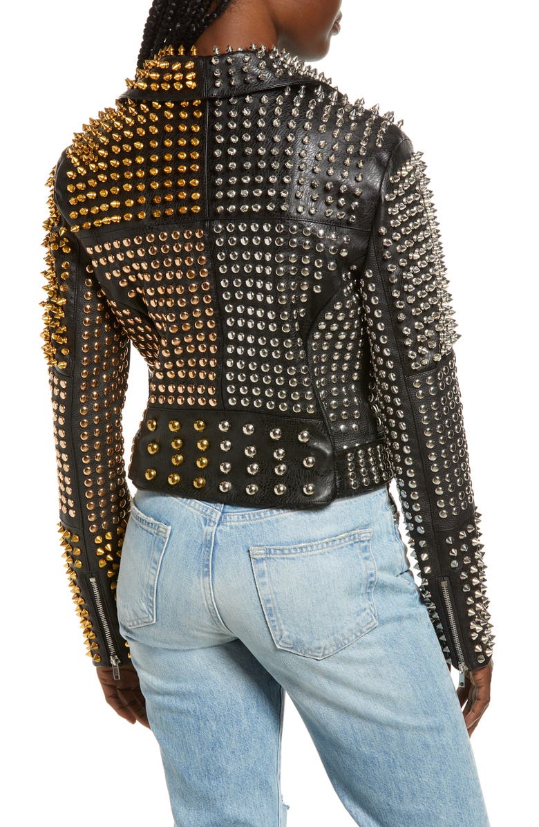 AZALEA WANG Studded Faux Leather Belted Moto Jacket, Alternate, color, Black