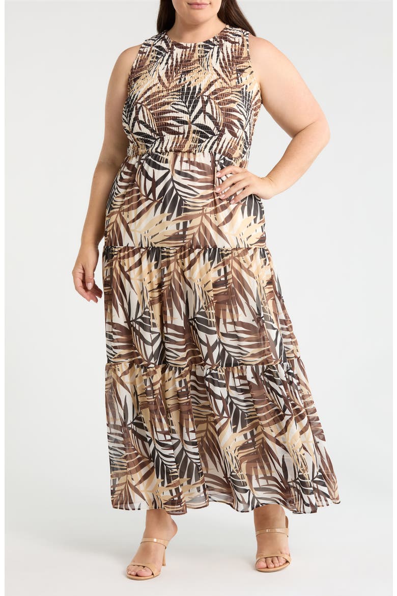 Smocked Bodice Tiered Maxi Dress, Main, color, WHITE DOVE MULTI
