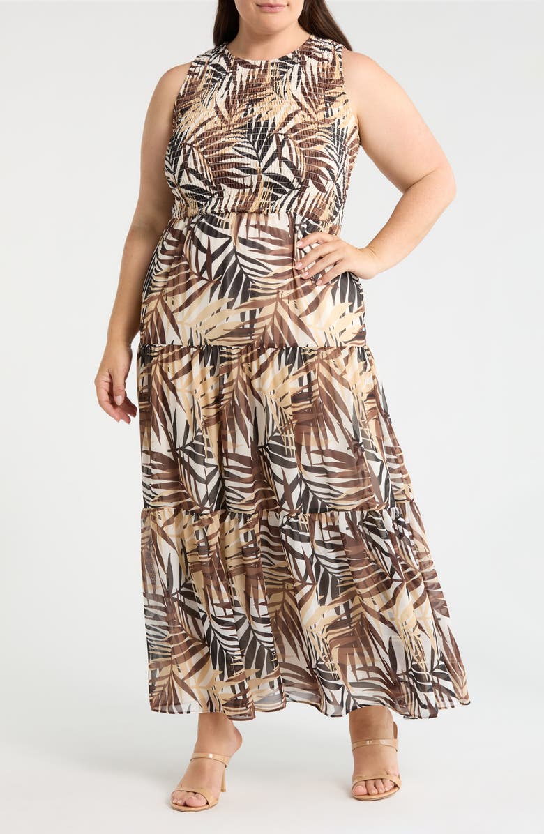 Anne Klein Smocked Bodice Tiered Maxi Dress, Main, color, White Dove Multi