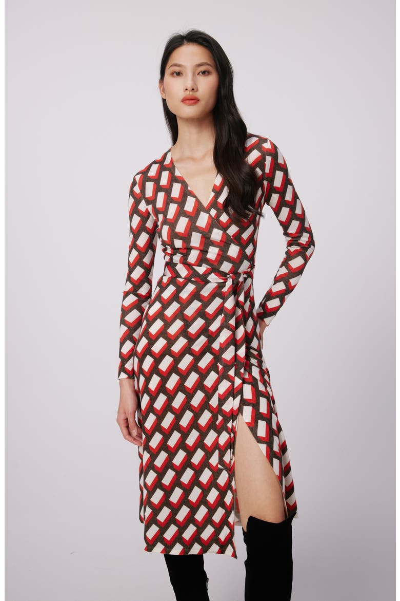 Luella Geo Print Long Sleeve Merino Wool Blend Wrap Dress, Alternate, color, BLOCKS RED MED