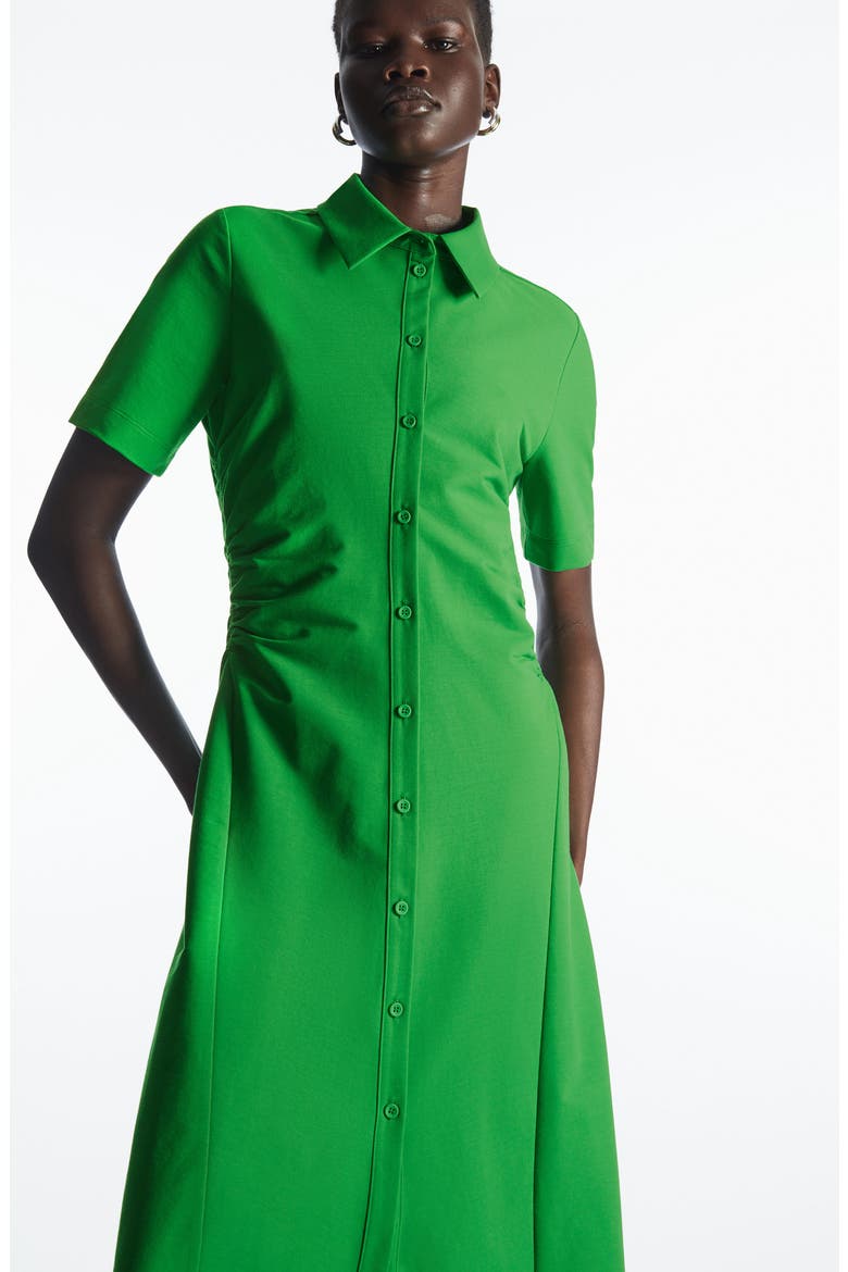 Side Ruched Stretch Cotton Blend Shirtdress, Alternate, color, GREEN BRIGHT