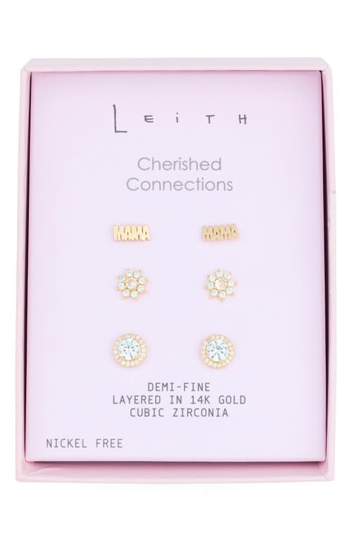 Leith Set Of 3 Demi-fine Cubic Zirconia Mama Stud Earrings In Clear- Gold