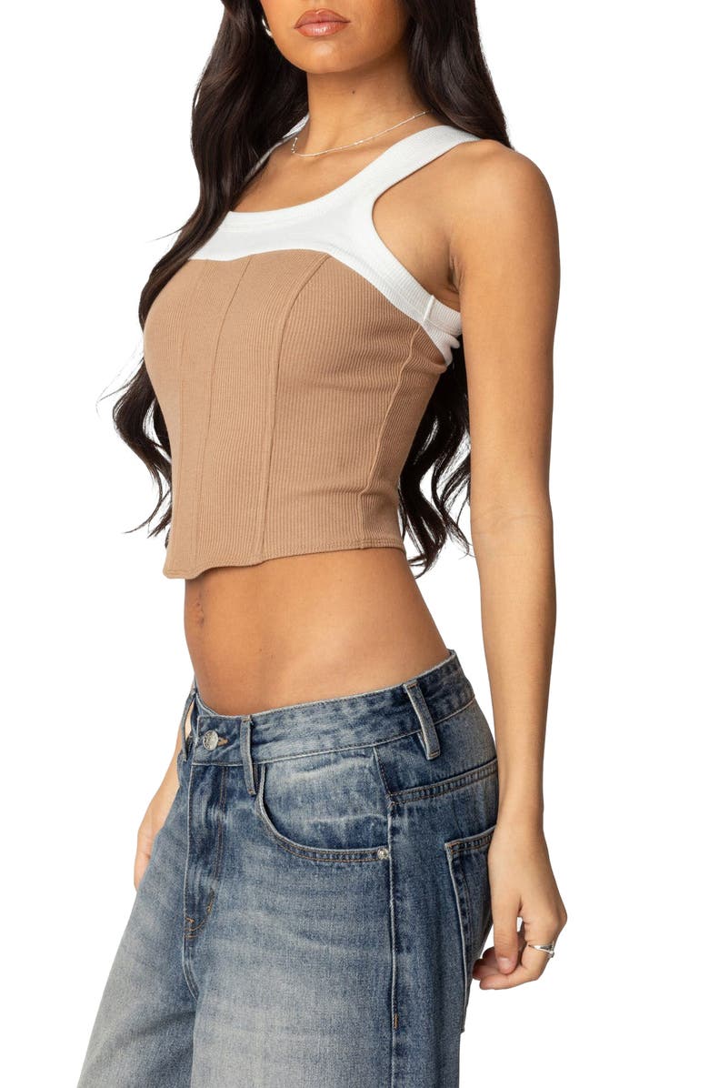 EDIKTED Ila Layered Crop Corset Tank, Alternate, color, White-And-Camel