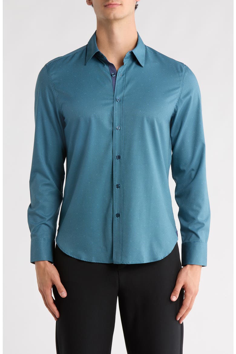 Quad Geo Print Stretch Button-Up Shirt, Main, color, PEACOCK