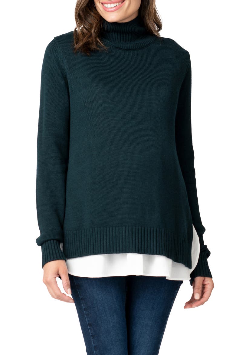 Layered Maternity/Nursing Turtleneck Sweater, Main, color, GREEN