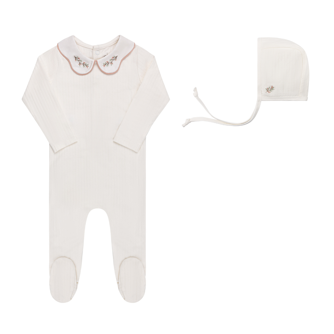 Ely's & Co. Organic Wide Rib Embroidered Scallop Collar Collection - Footie + Bonnet in Ivory/Pink 