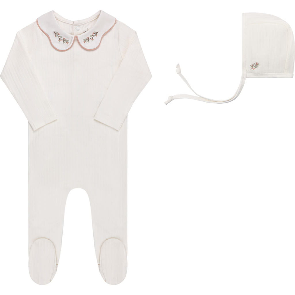 Ely's & Co. Organic Wide Rib Embroidered Scallop Collar Collection - Footie + Bonnet in Ivory/Pink