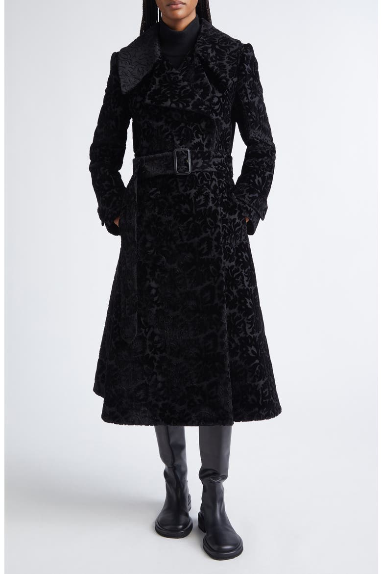 Belted Baroque Velvet Trench Coat, Main, color, BLACK IP PATTERN