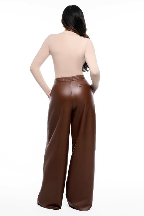 Popilush Faux Leather High Waisted Wide Leg Pants In Brown