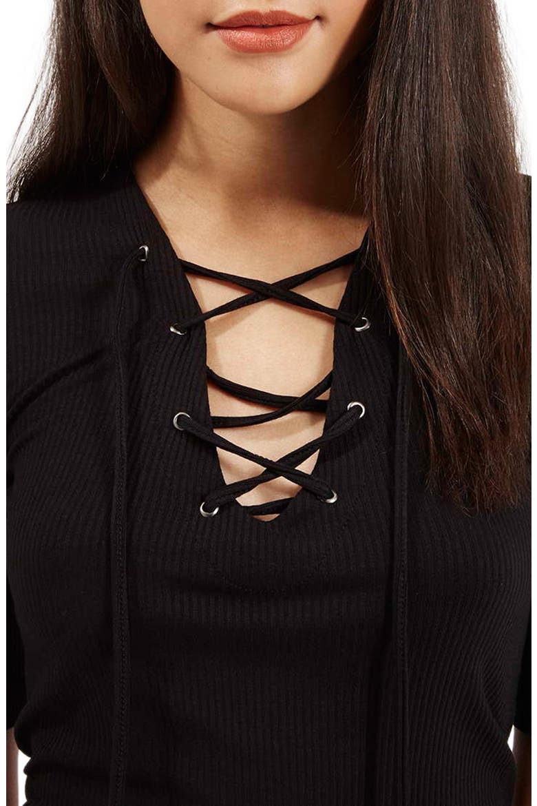 Lace-Up Short Sleeve Crop Top, Alternate, color, BLACK