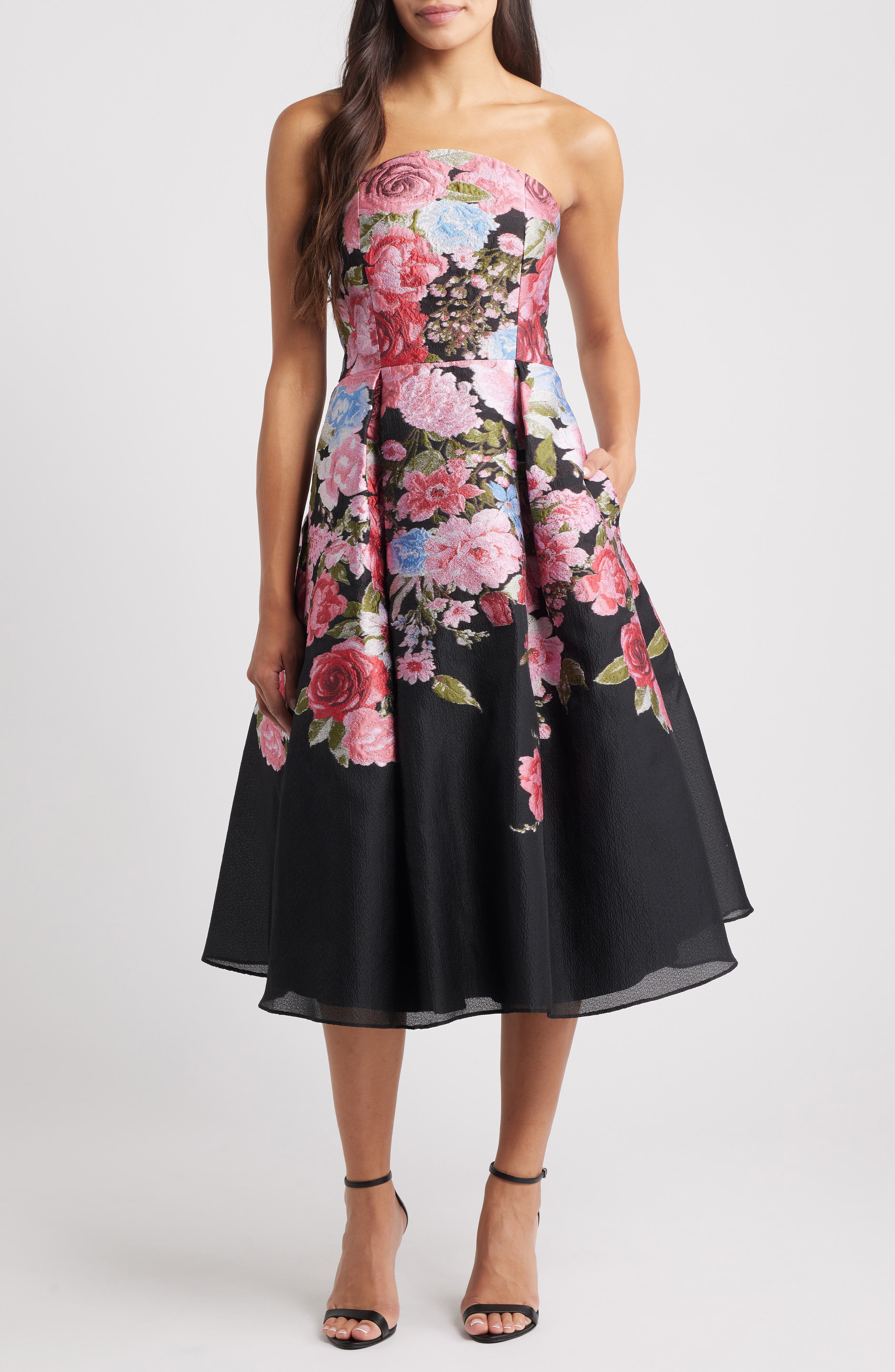 Eliza J Pleated Strapless Jacquard Cocktail Dress