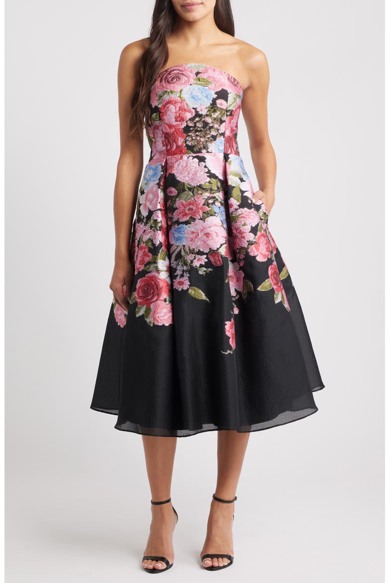 Pleated Strapless Jacquard Cocktail Dress, Main, color, BLACK MULTI