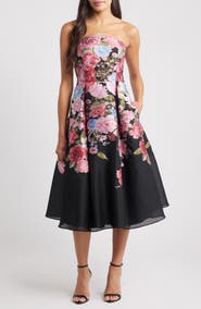 Eliza J Pleated Strapless Jacquard Cocktail Dress