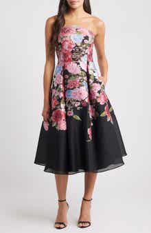 Eliza J Pleated Strapless Jacquard Cocktail Dress