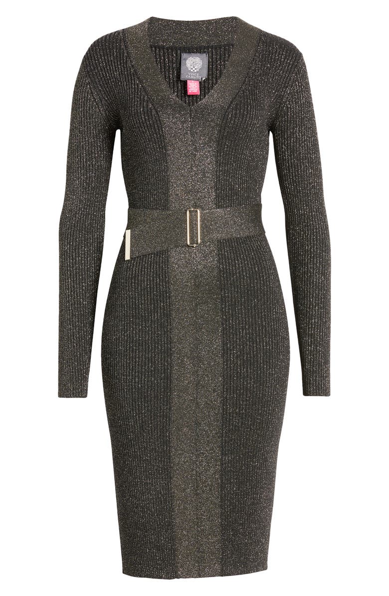 Vince Camuto Metallic Long Sleeve Rib Sweater Dress, Alternate, color, Black Gold