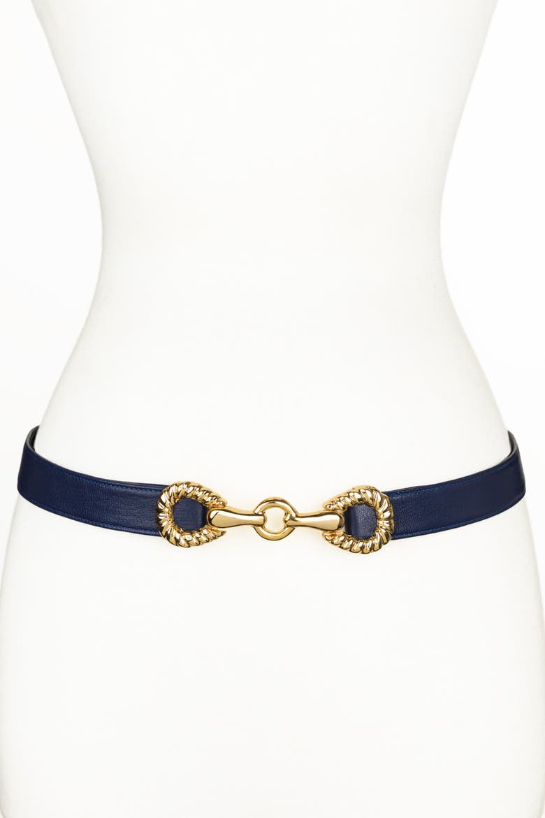 Rider Circle Buckle Leather Belt, Main, color, Navy