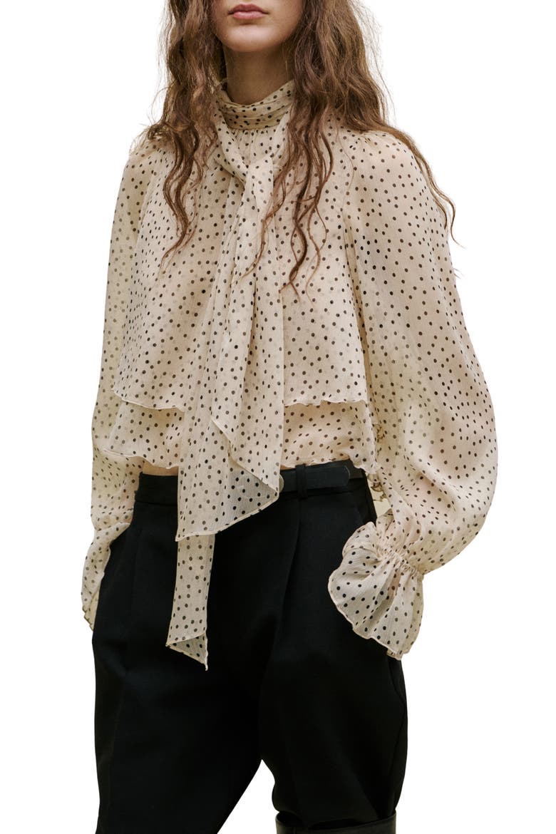 Polka Dot Tie Neck Top, Main, color, ECRU