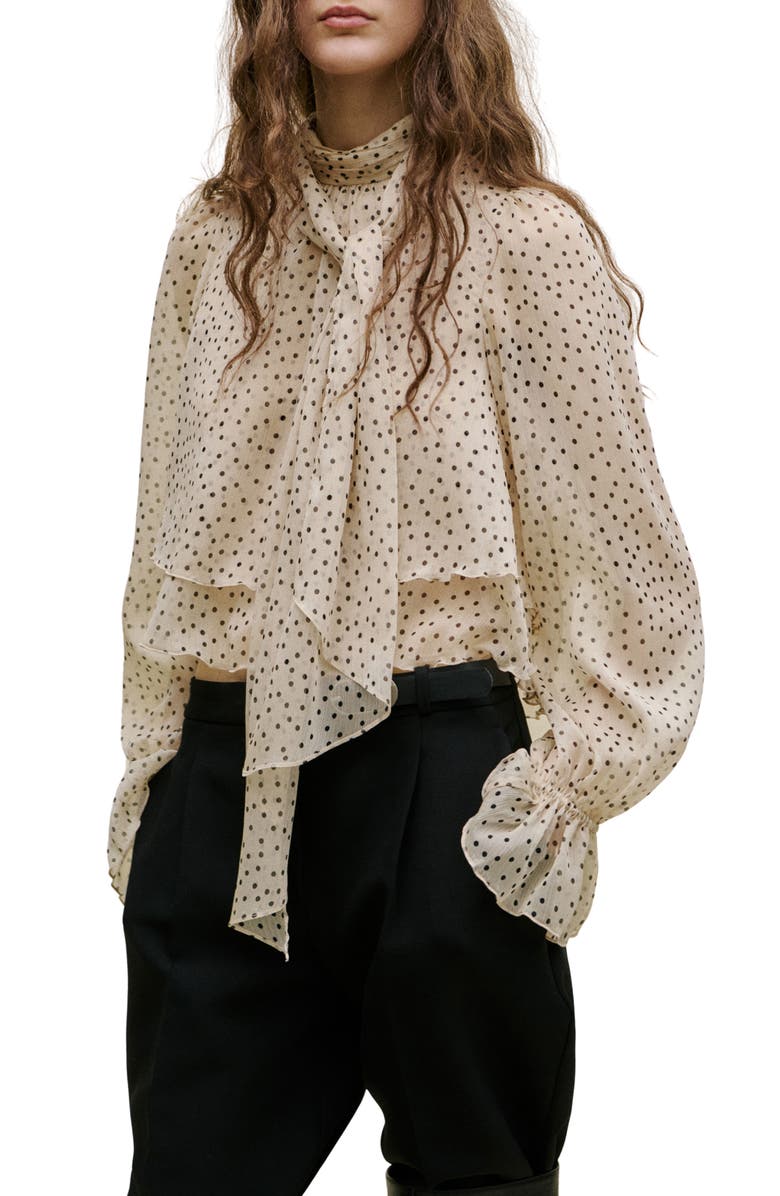 MANGO Polka Dot Tie Neck Top, Main, color, Ecru