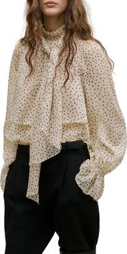 MANGO Polka Dot Tie Neck Top