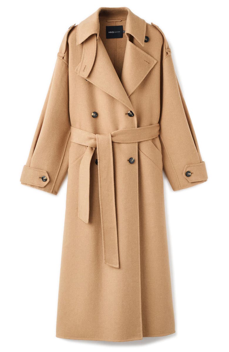 MANGO Selection Double-Breasted Wool Blend Trench Coat, Main, color, Medium Brown