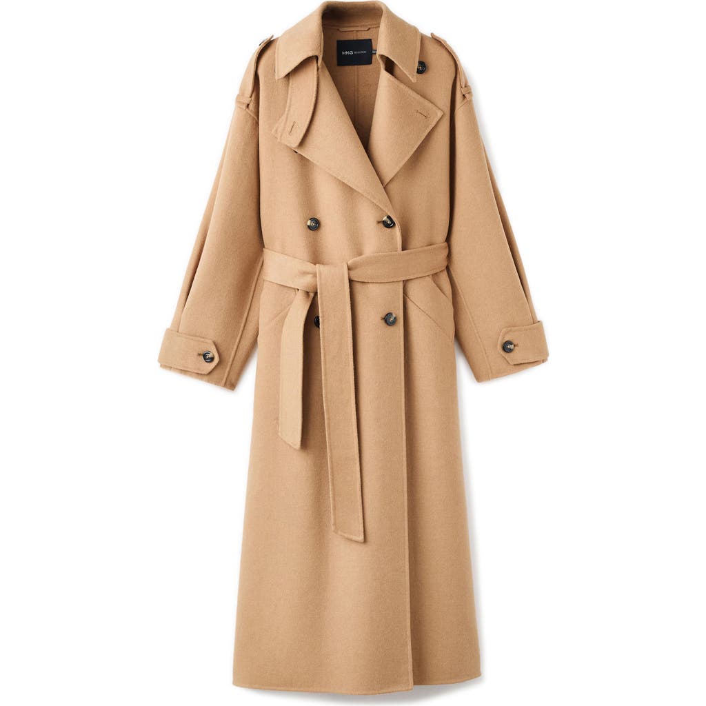 Mango Double-breasted Wool Blend Trench Coat In Brown