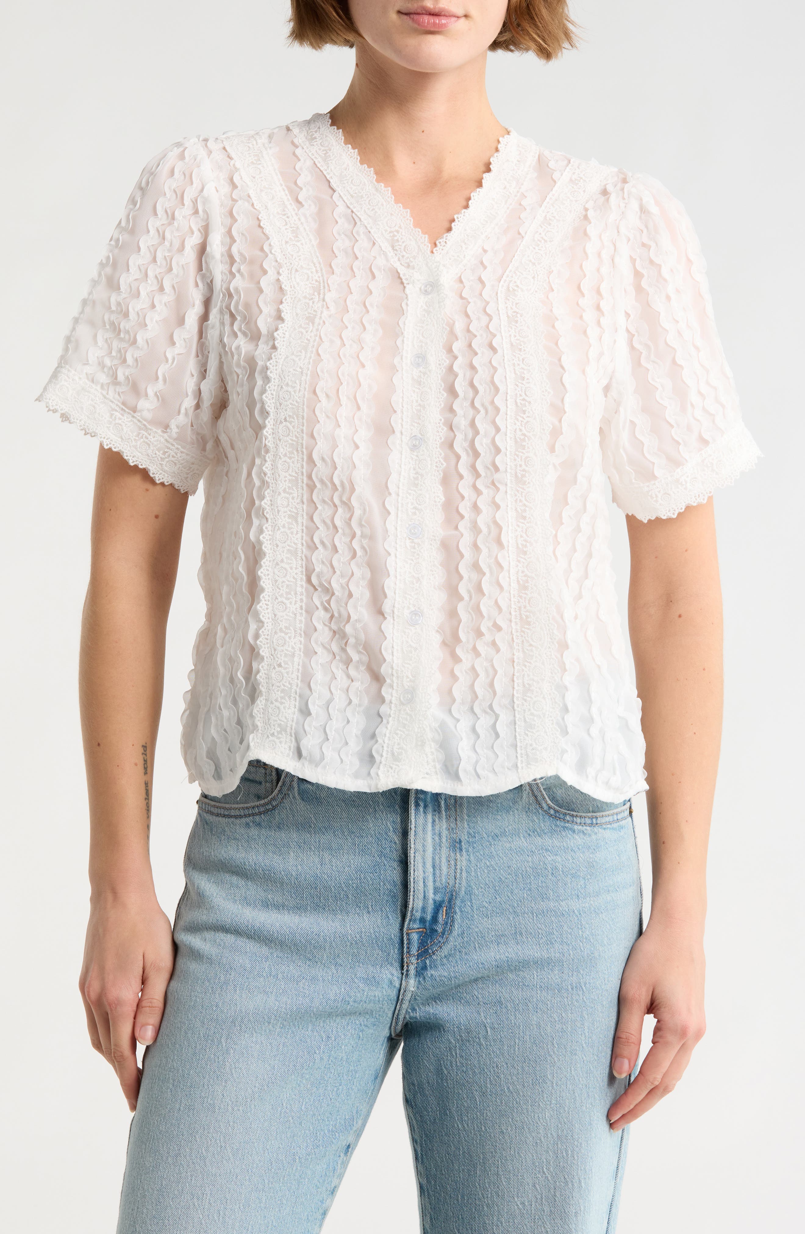 Forgotten Grace Lace Texture Short Sleeve Button-Up Shirt