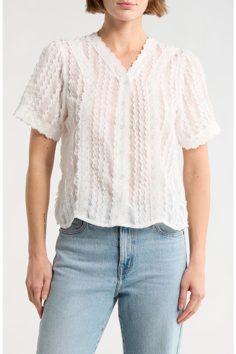 Lace Texture Short Sleeve Button-Up Shirt, Main, color, WHITE
