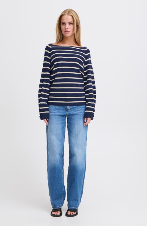 Ichi Striped Boat Neck Sweater In Birch With Black Stripe