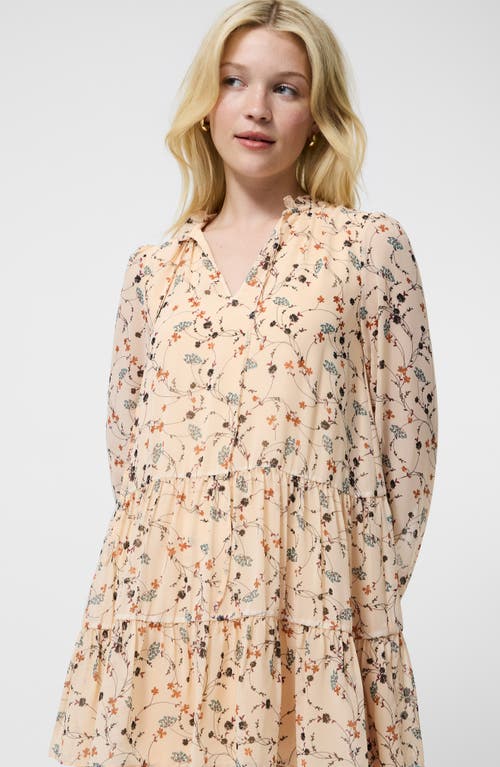 French Connection Marina Floral Long Sleeve Chiffon Tiered Minidress In Neutral