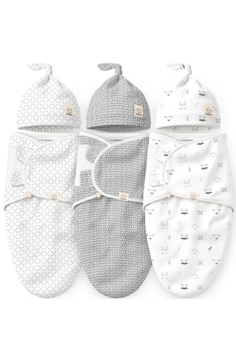 KeaBabies 3-Pack Soothe Swaddle Wraps with Knot Hats, Main, color, Nordic