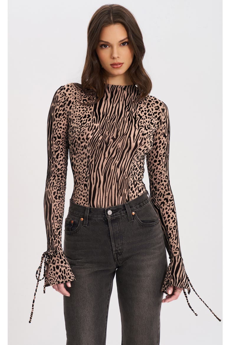 Ibera Animal Print Burnout Velvet Long Sleeve Bodysuit, Main, color, Brown