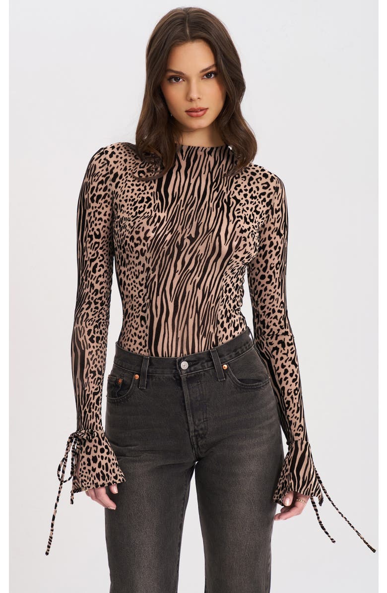 Miss Circle Ibera Animal Print Burnout Velvet Long Sleeve Bodysuit, Main, color, Brown