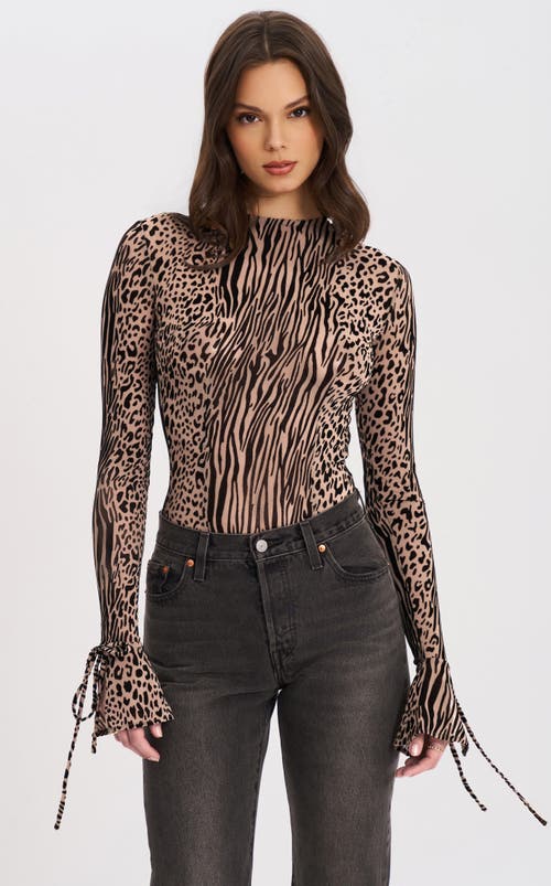 Miss Circle Ibera Animal Print Burnout Velvet Long Sleeve Bodysuit In Brown