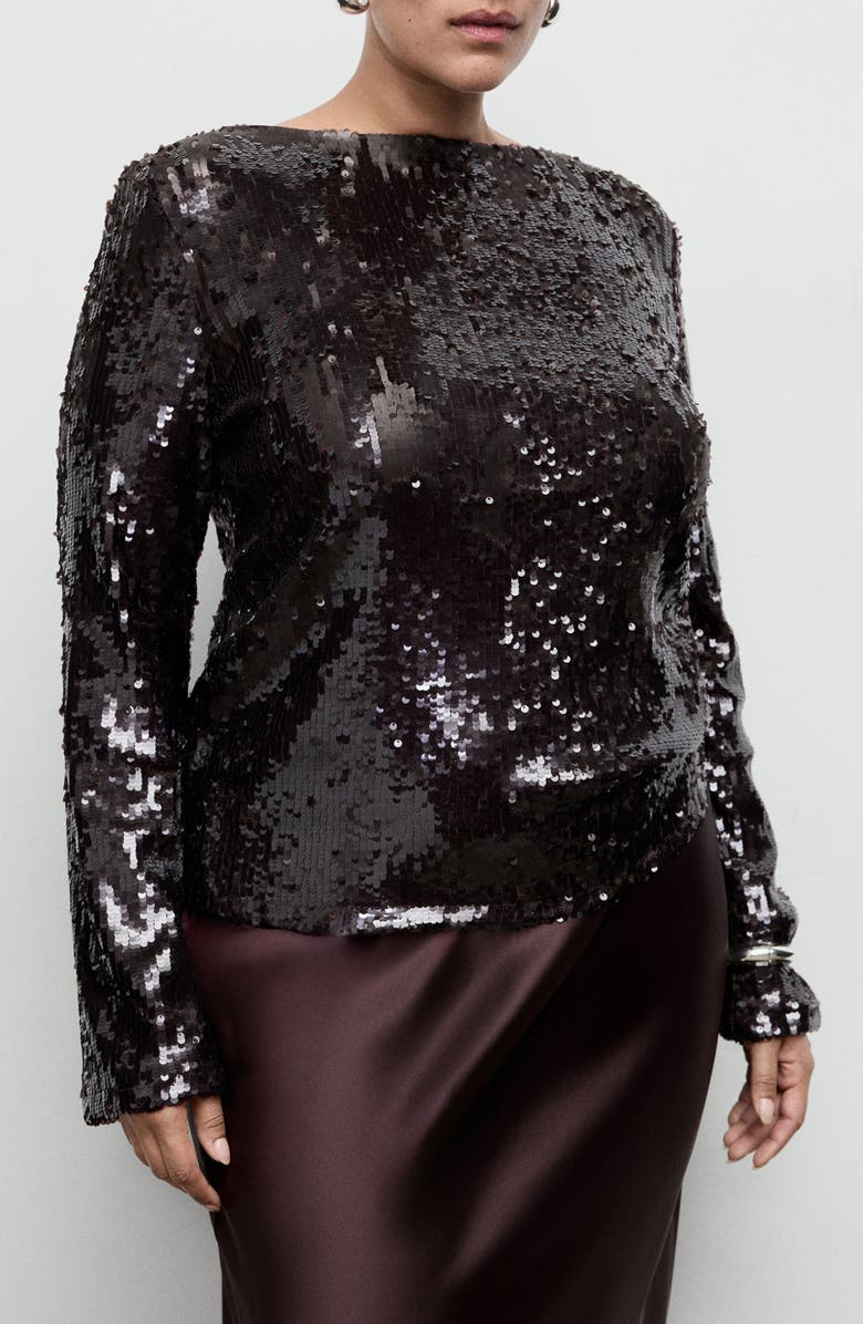 MANGO Sequin Flare Sleeve Top, Alternate, color, Brown