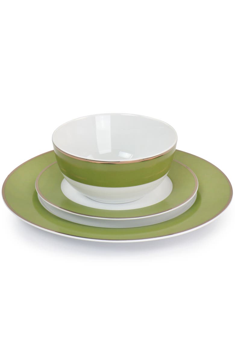 Gold Rimmed 12 piece Fine Ceramic Dinnerware Set, Alternate, color, Green