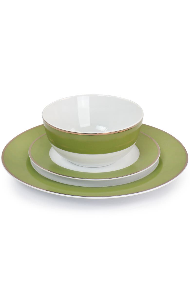 MARTHA STEWART Gold Rimmed 12 piece Fine Ceramic Dinnerware Set, Alternate, color, Green