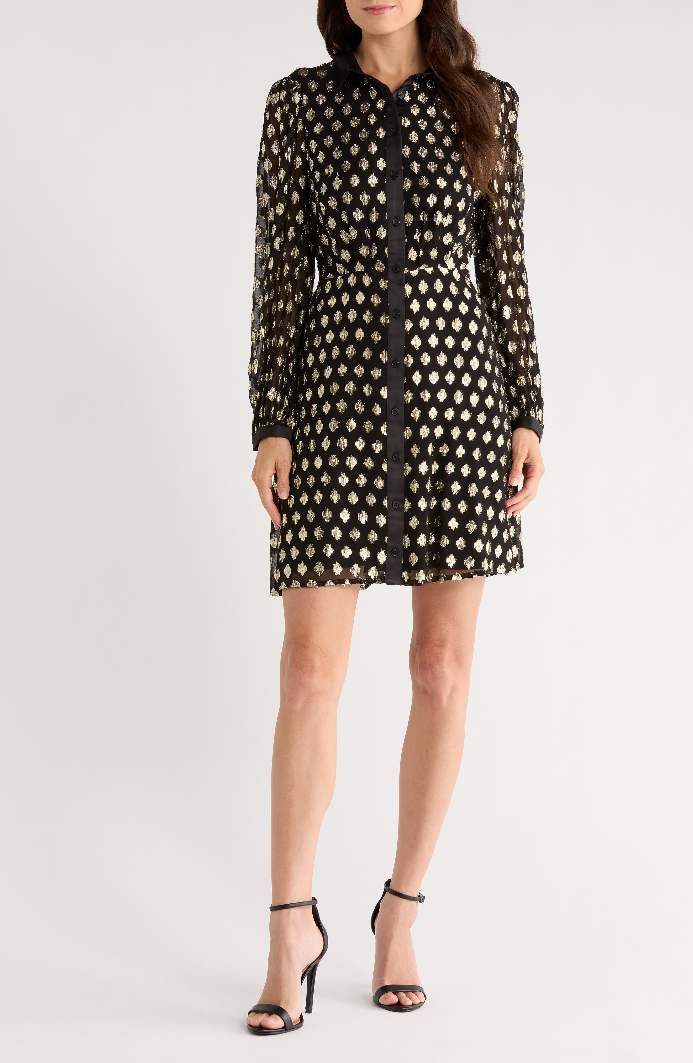 Halogen® Foil Dot Empire Waist Long Sleeve Shirtdress