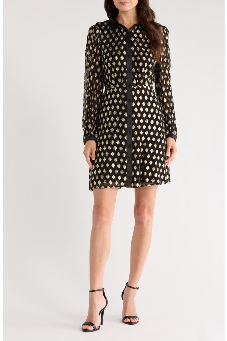 Foil Dot Empire Waist Long Sleeve Shirtdress, Main, color, BLACK/GOLD