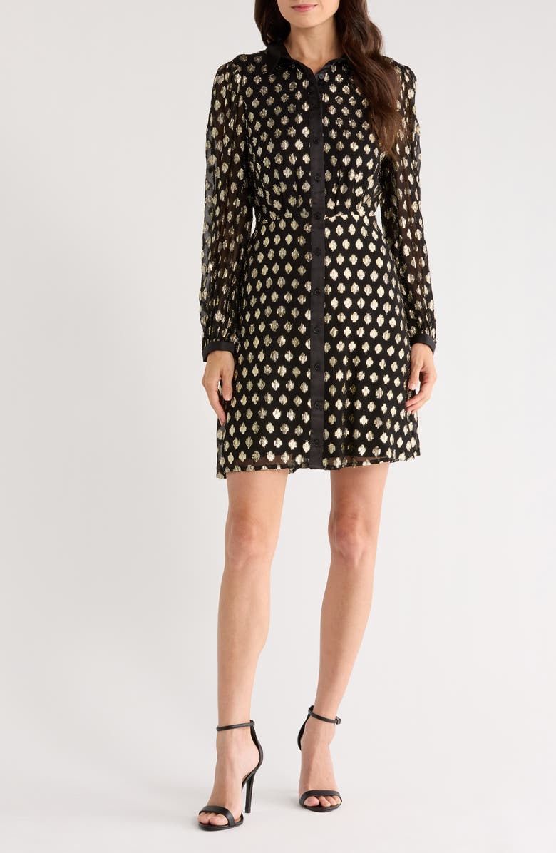 Halogen<sup>®</sup> Foil Dot Empire Waist Long Sleeve Shirtdress, Main, color, Rich Black/ Bright Gold