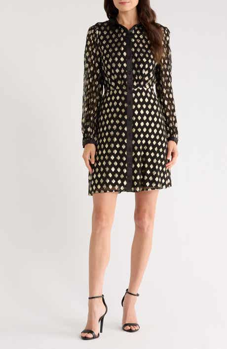 Halogen® Foil Dot Empire Waist Long Sleeve Shirtdress