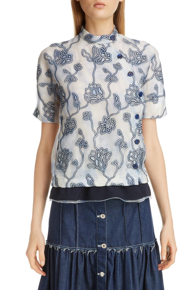 Floral Embroidered Silk Blouse, Main, color, GREY - BLUE 1